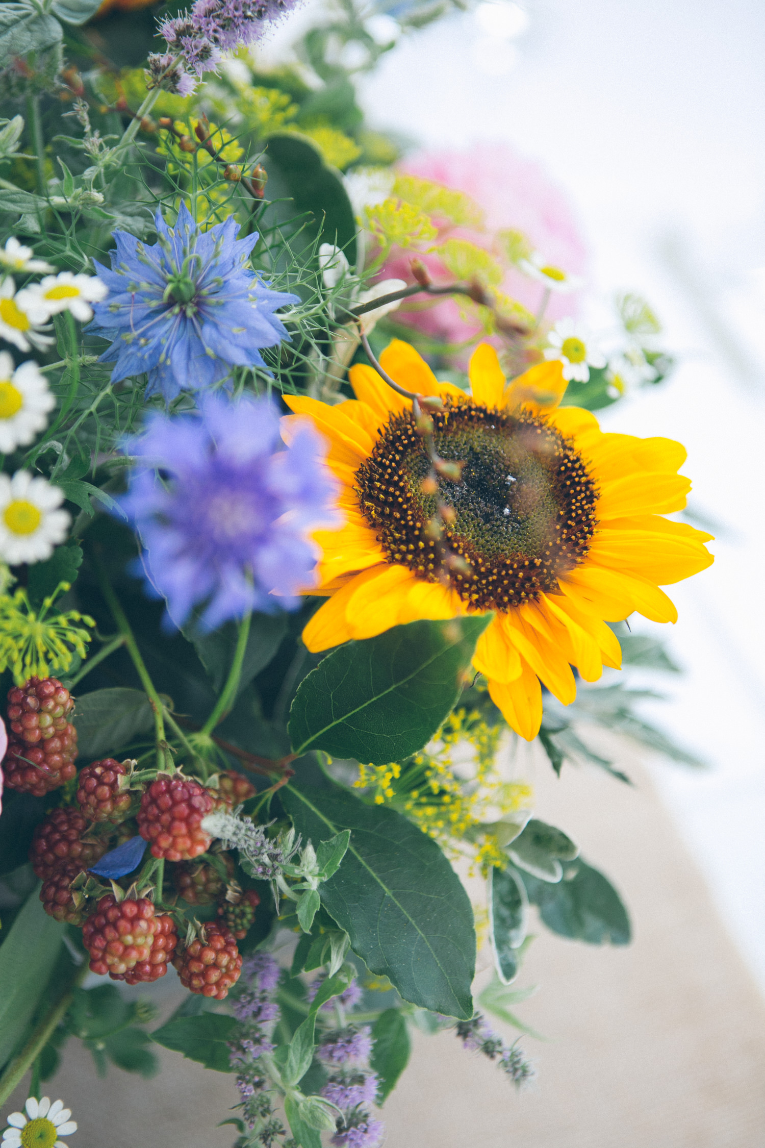 The Green Cornwall wedding photographer, sunflower bouquet, wedding flowers