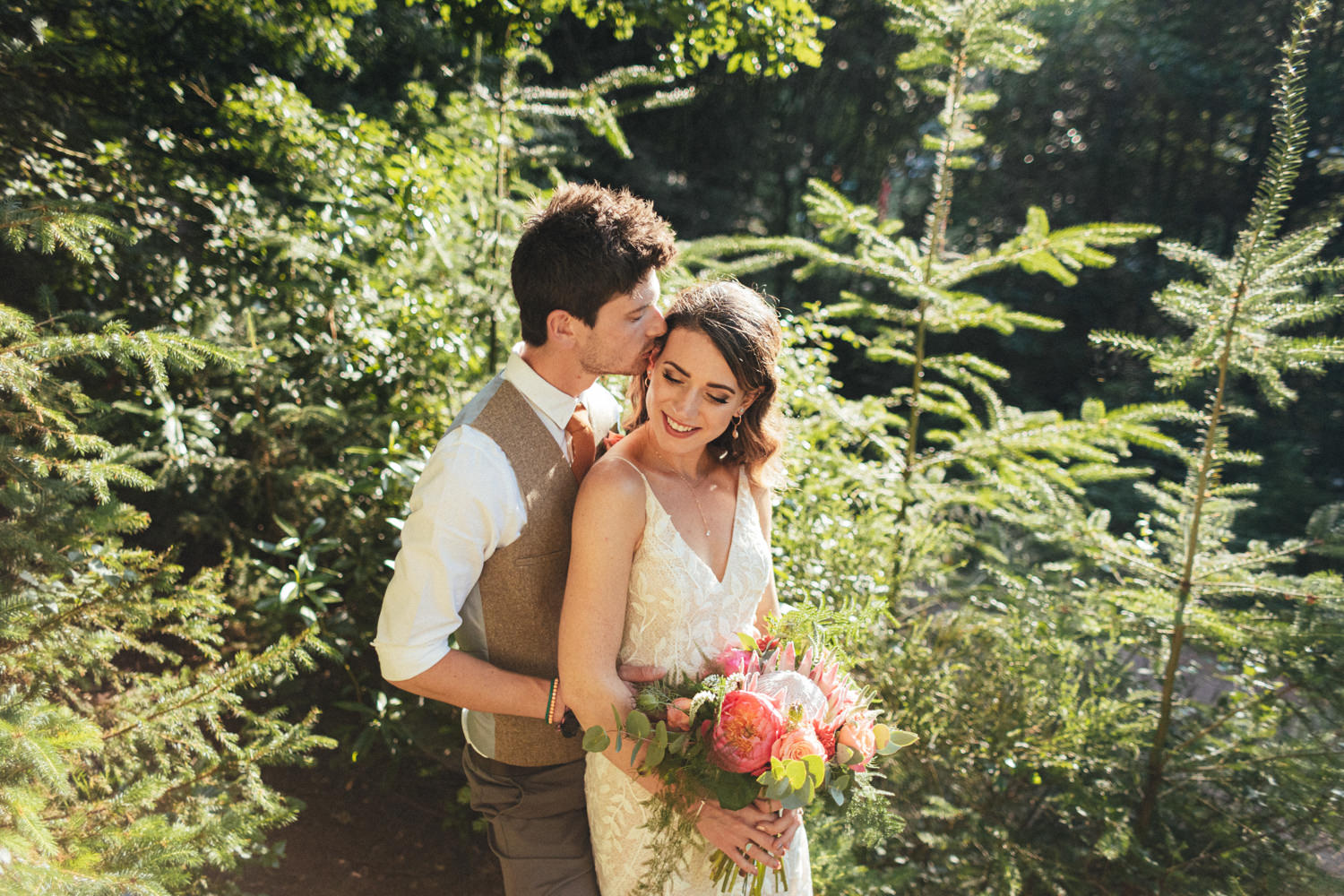 bride and groom in the woods, woodland wedding, ferns, couple, Great Wood Camp, Great Wood Camp Wedding Photography, Somerset wedding photographer 