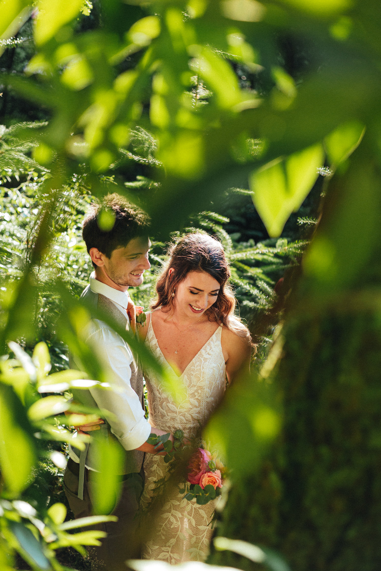 bride and groom in the woods, woodland wedding, ferns, couple, Great Wood Camp, Great Wood Camp Wedding Photography, Somerset wedding photographer 