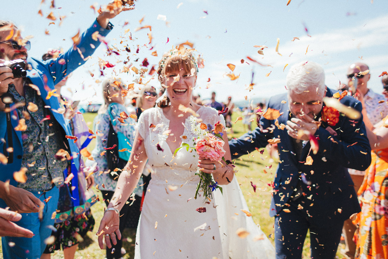 confetti, confetti line, bride & groom, festival style wedding, colourful wedding, festival wedding, Holsome Park Wedding Photography