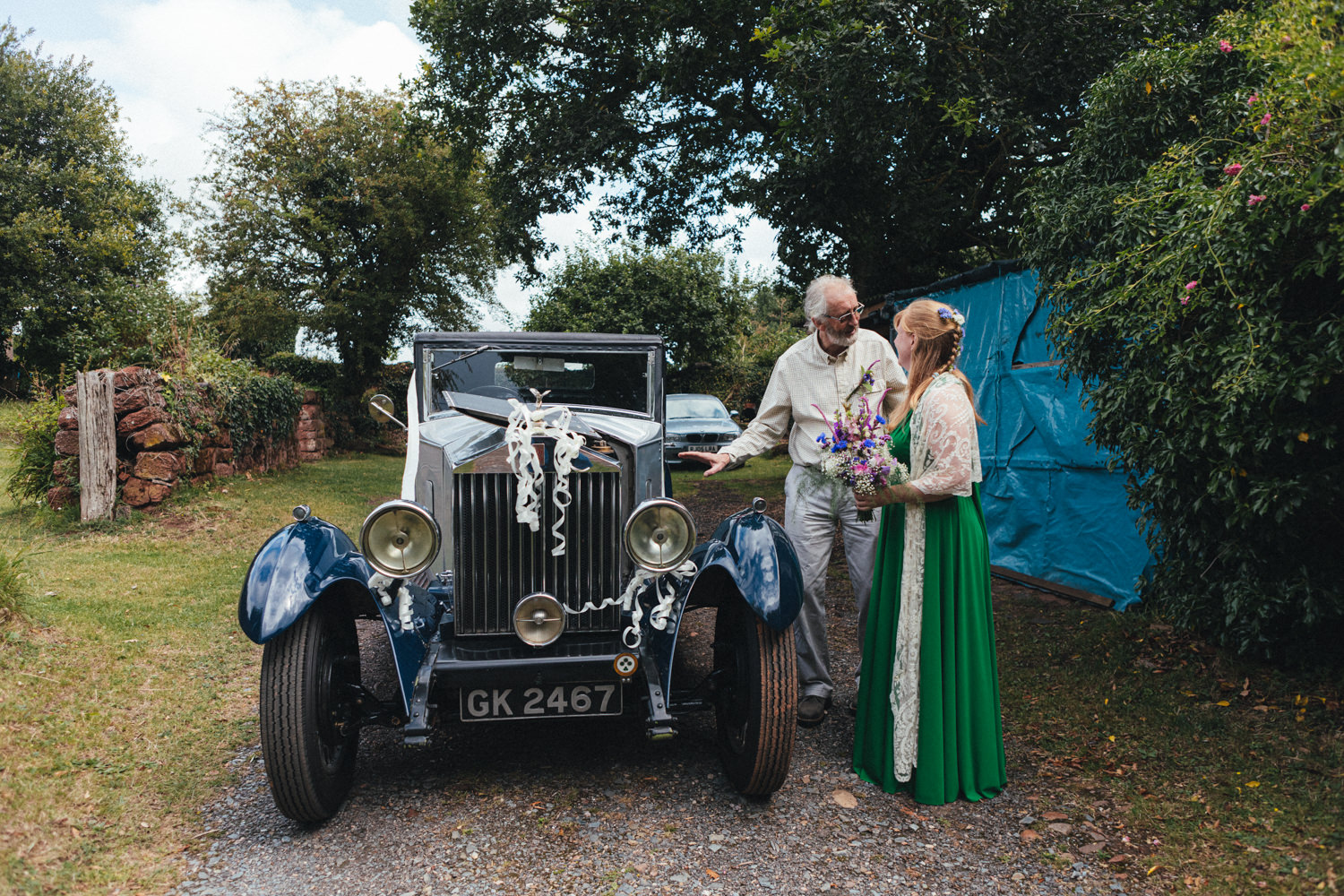 Outdoor Wedding Photography Devon, green wedding dress, eco bride, eco wedding, wildflowers, vintage car