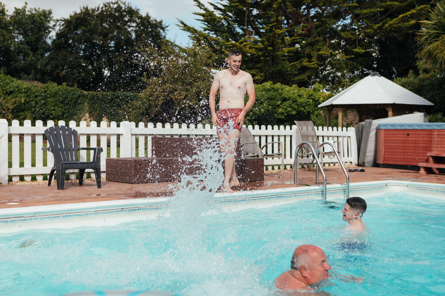 Beaconside House Wedding Photographer, Devon, Devon wedding, Devon wedding photographer, Devon wedding photography, August wedding, summer wedding, swimming pool, groom, groomsmen, pool party, wedding reportage