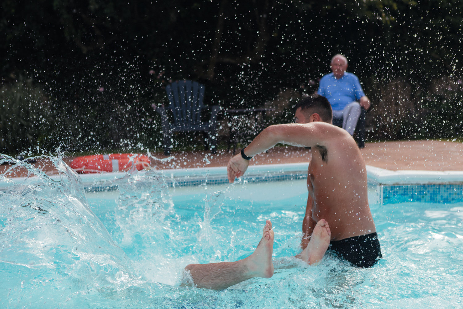 Beaconside House Wedding Photographer, Devon, Devon wedding, Devon wedding photographer, Devon wedding photography, August wedding, summer wedding, swimming pool, groom, groomsmen, pool party, wedding reportage