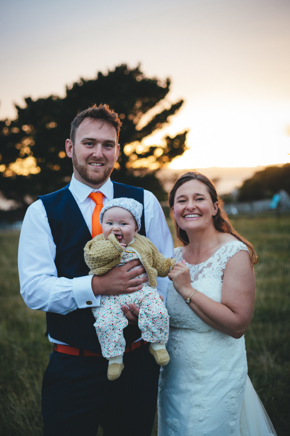 family photo, golden hour, bride and groom, cornwall wedding